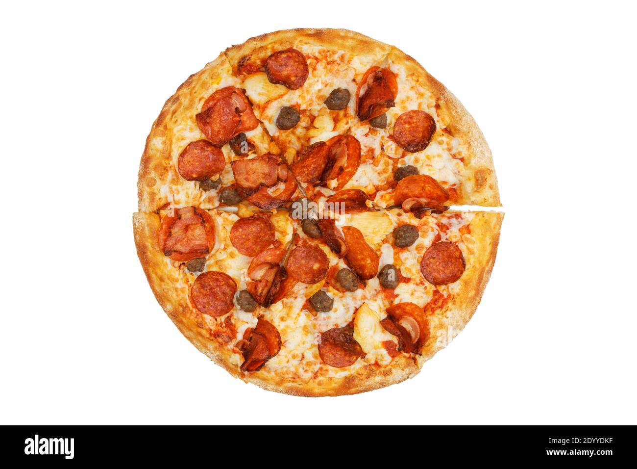 Meat pizza with pepperoni, beef meatballs, chicken pieces and bacon