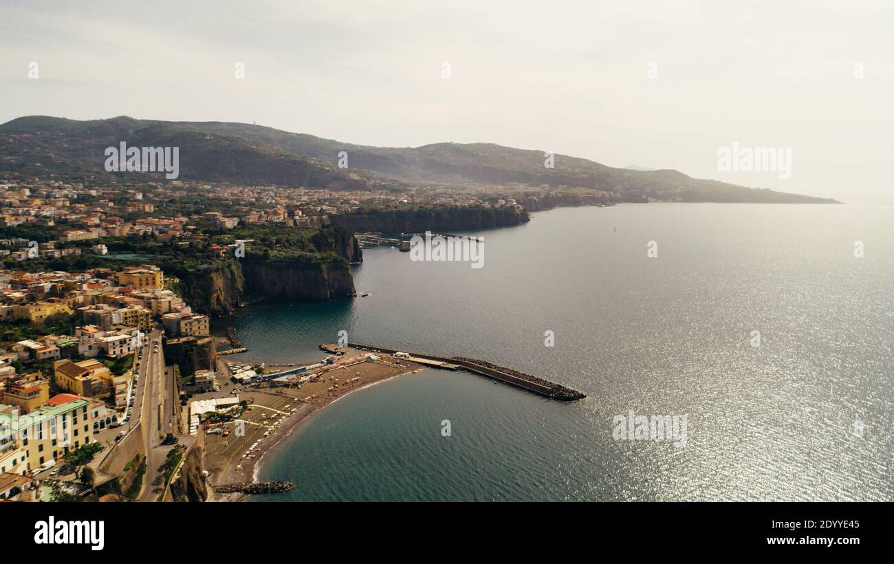 Aerial panoramic view of Sorrento, Italy.Bay of Naples on the Sorrentine Peninsula.Cliffs of Amalfi coastline.Italian tourist destination in Campania Stock Photo