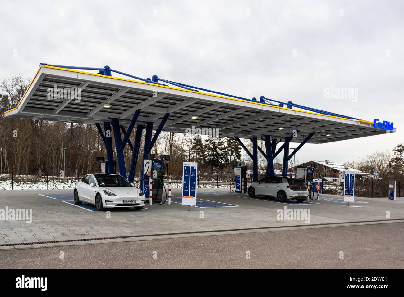 The newly opened electric vehicle charging station operated by EnBW in Rutesheim near Stuttgart at the highway A8. Stock Photo