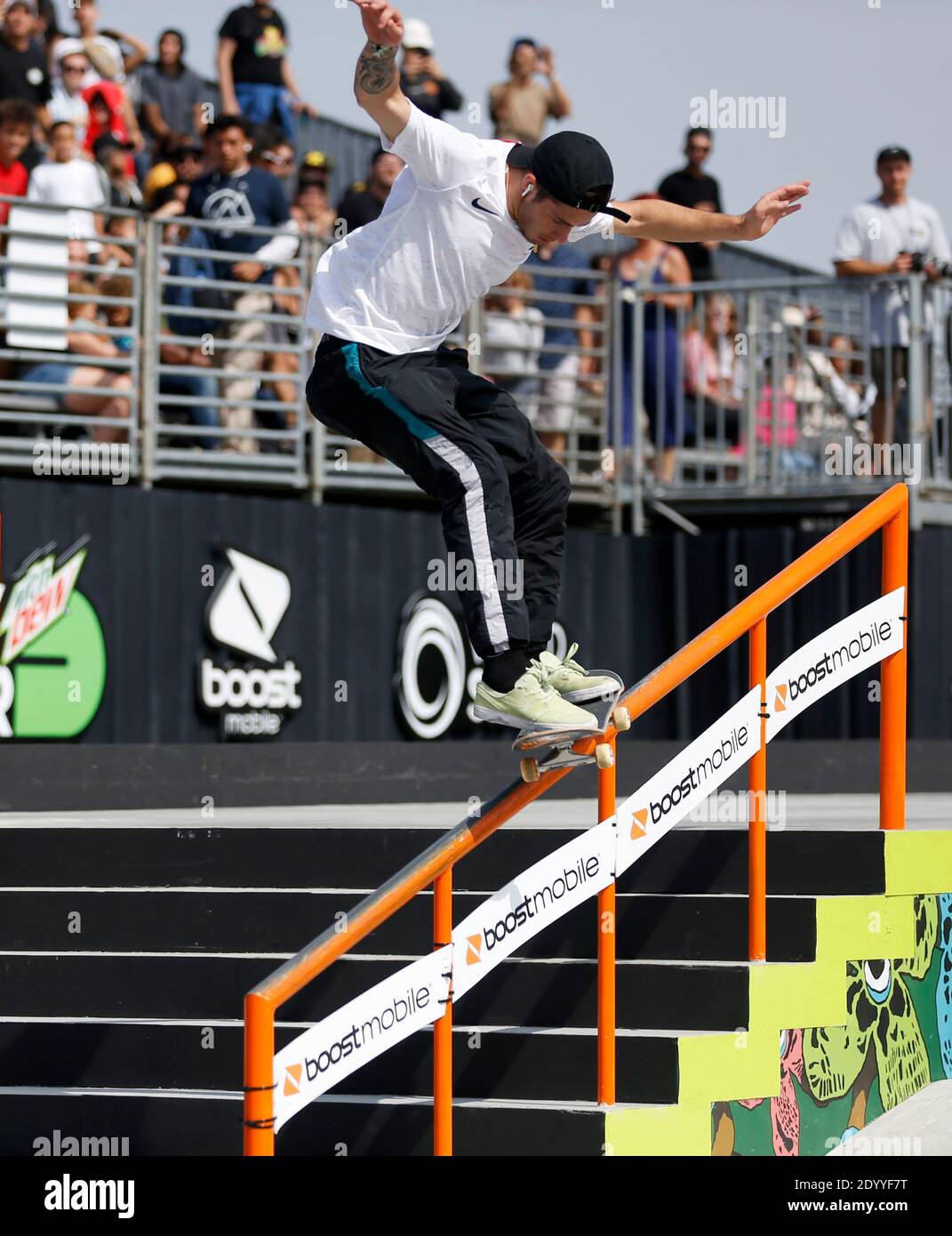 Beijing, USA. 16th June, 2019. Aurelien Giraud of France skates during the men's street final during the 2019 Dew Tour skateboard competition in Long Beach, the United States, June 16, 2019. On December 7, breaking, skateboarding, sport climbing, and surfing were confirmed as additional sports to be added to the 2024 Paris Olympic Games. Weightlifting had four events removed from the Paris 2024 program, with its quota reduced to 120 athletes from 196 at Tokyo 2020. Credit: Li Ying/Xinhua/Alamy Live News Stock Photo