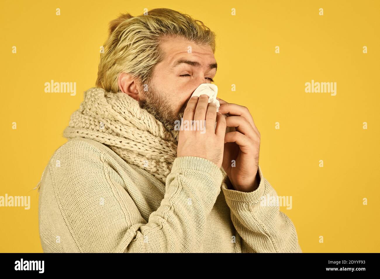 Immune response. Bearded man sick. Cold flu. First symptom. Headache ...