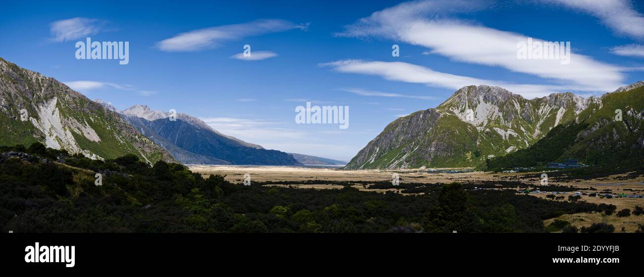 A landscape view of the Hooker valley in Mt Cook National Park, New Zealand, during a sunny summer day. High resolution panoramic image. Stock Photo