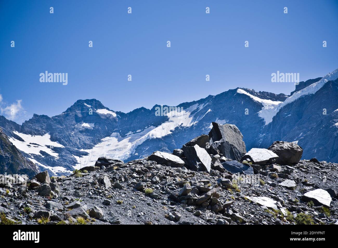The snow capped peaks of the Southern Alps in New Zealand during summer
