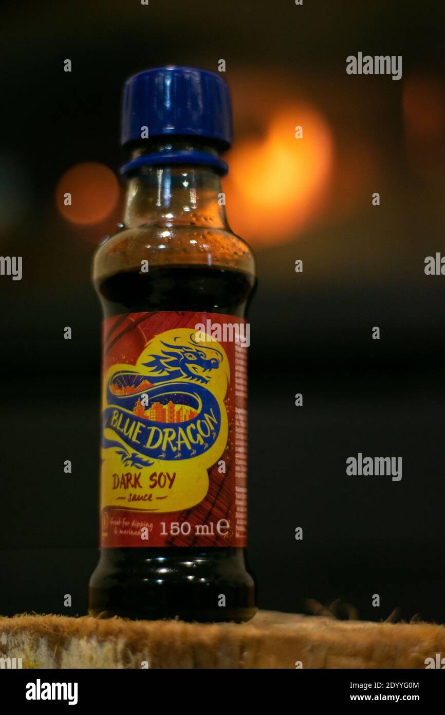 Blue Dragon Dark Soy sauce bottle in front of fireplace Stock Photo Alamy