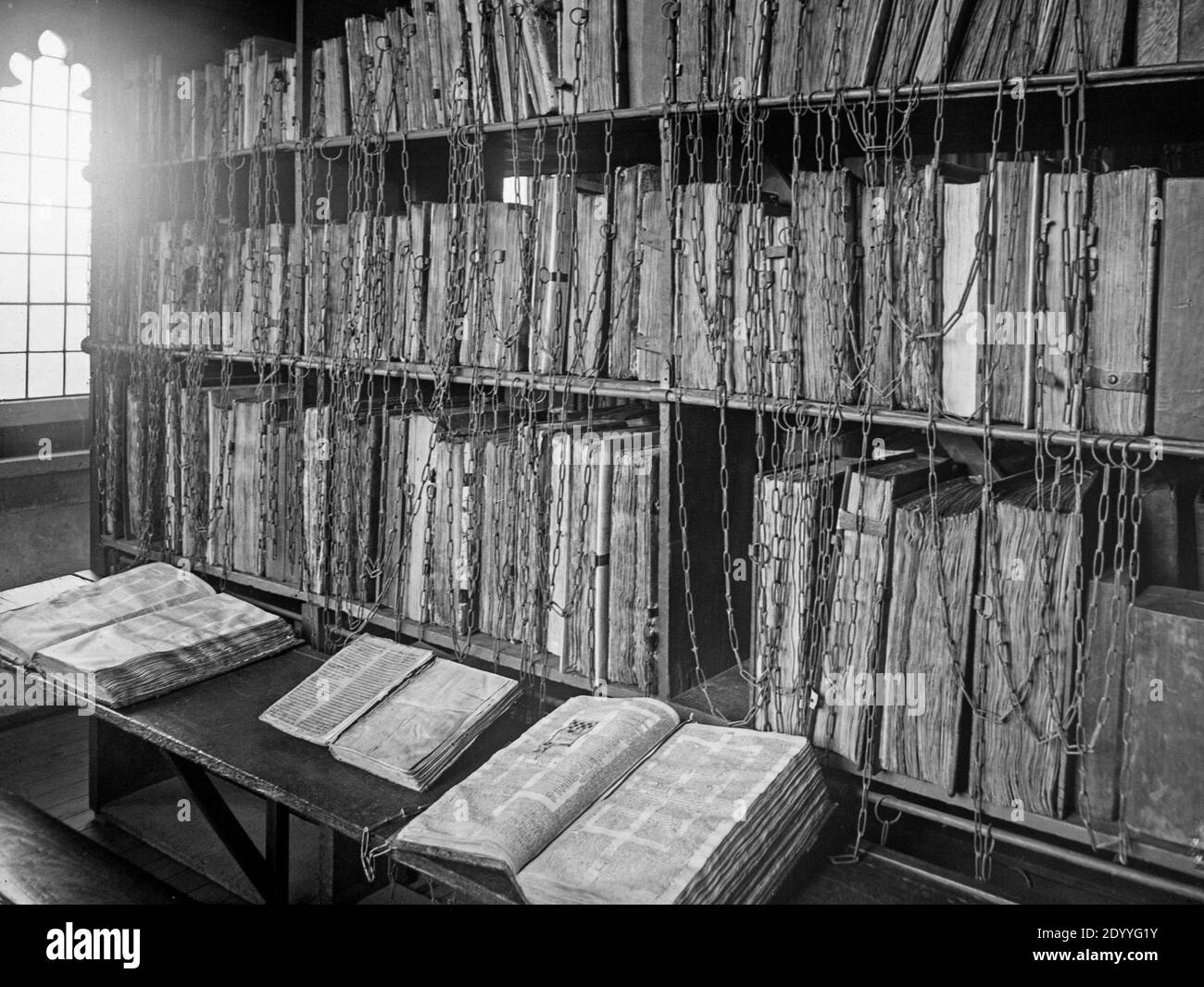 A late Victorian black and white photograph showing books in The Chained Library at Hereford Cathedral in England. Stock Photo