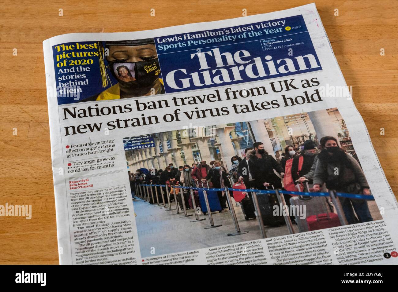Front page of The Guardian newspaper of 21 December 2020 reports countries banning travel from UK due to new strain of coronavirus. Stock Photo