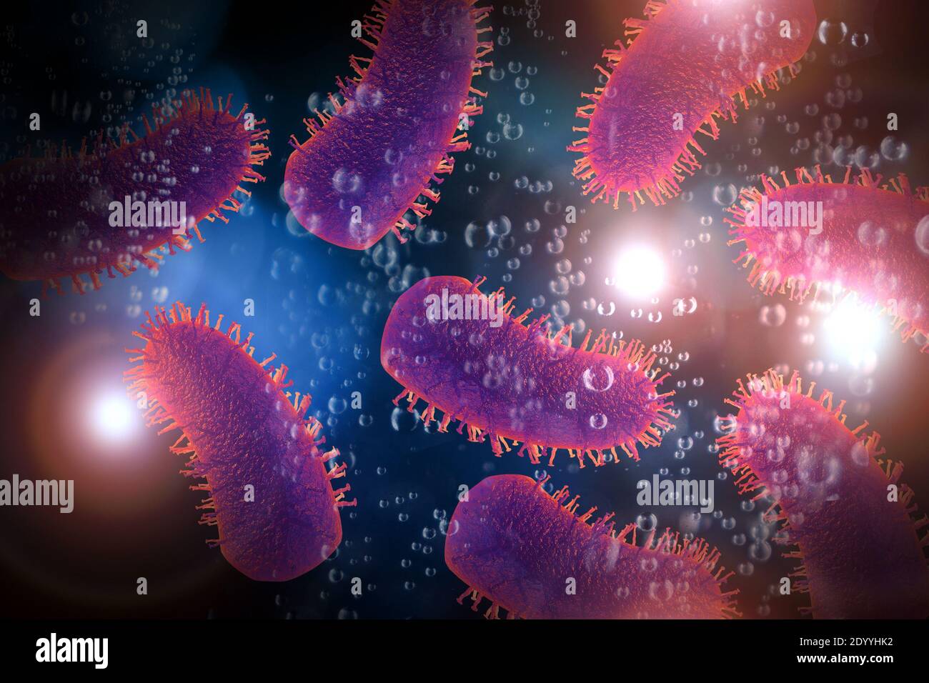 Rabies virus microscopic cells with pink background 3D Illustration Stock Photo