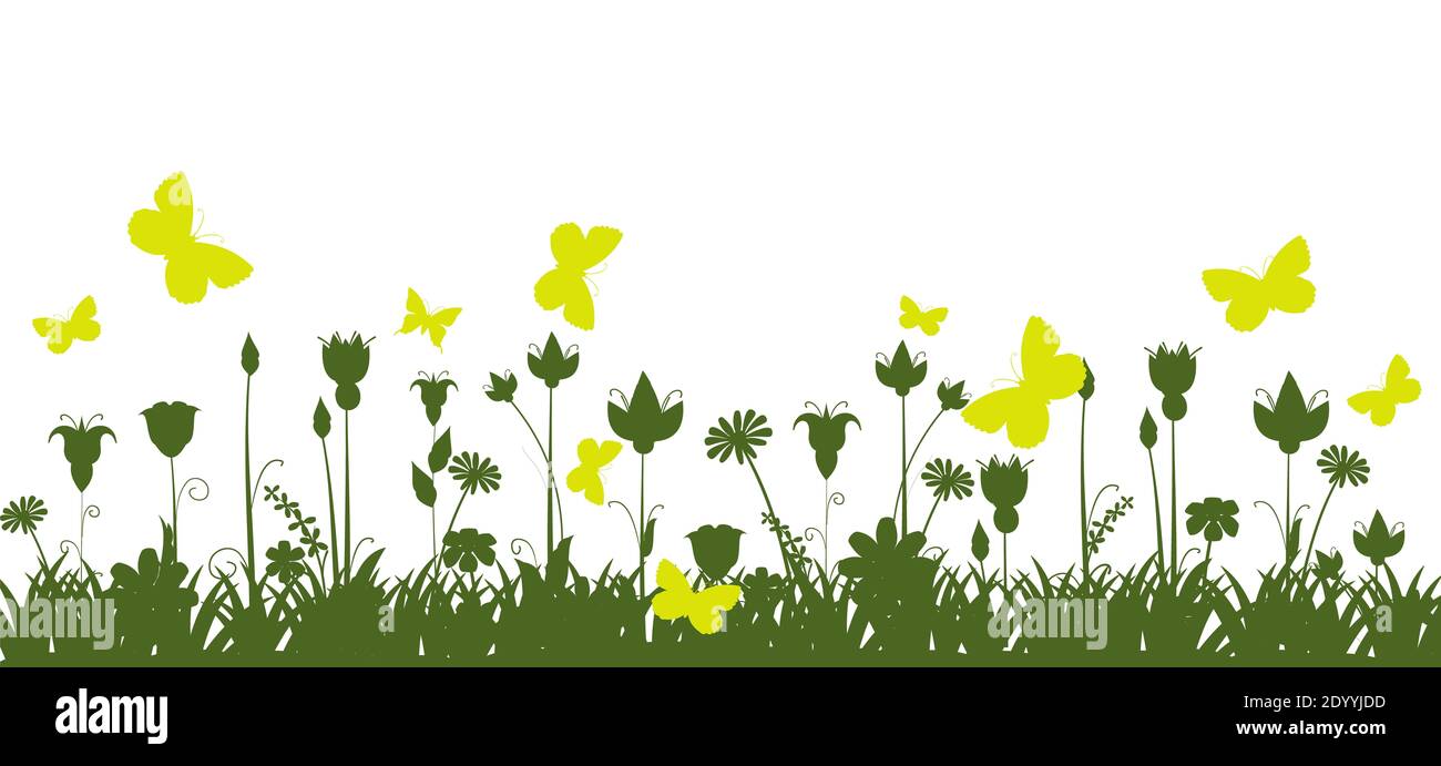 Silhouette of a blooming meadow with grass, flowers and butterflies. Green landscape. Cartoon illustration. The picture is isolated on a white Stock Photo