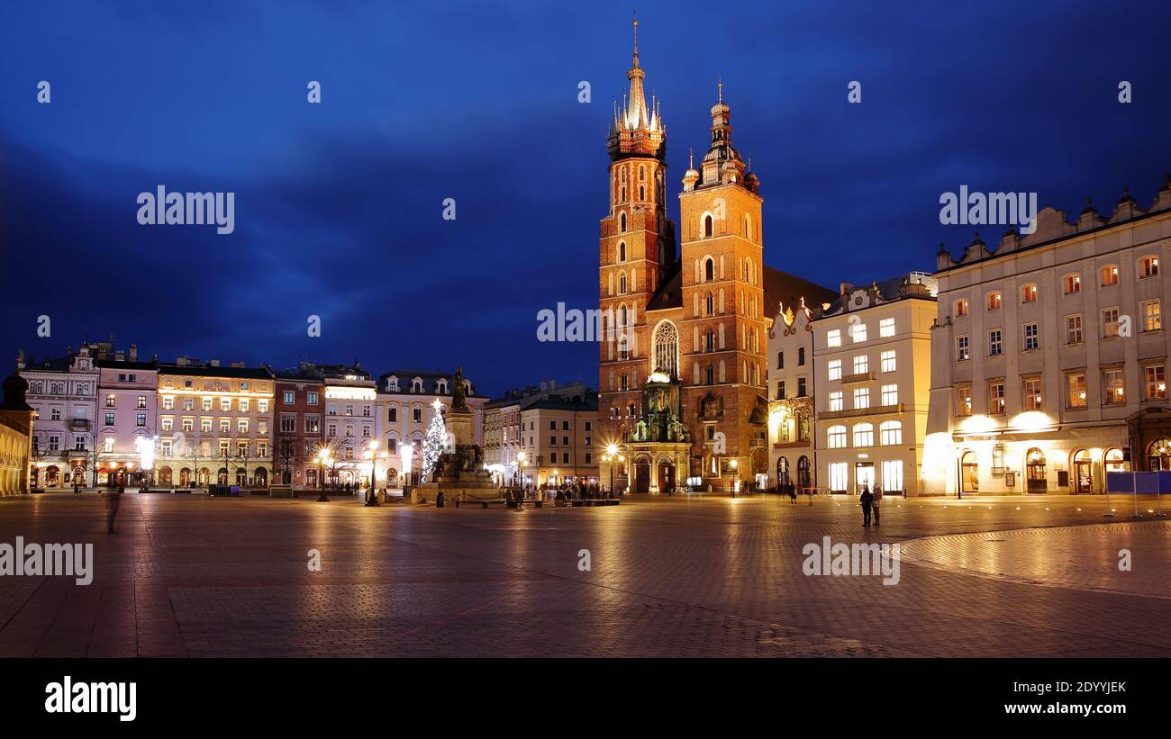 Night cityscape Krakow old town center, Poland, main market square, skyline Stock Photo
