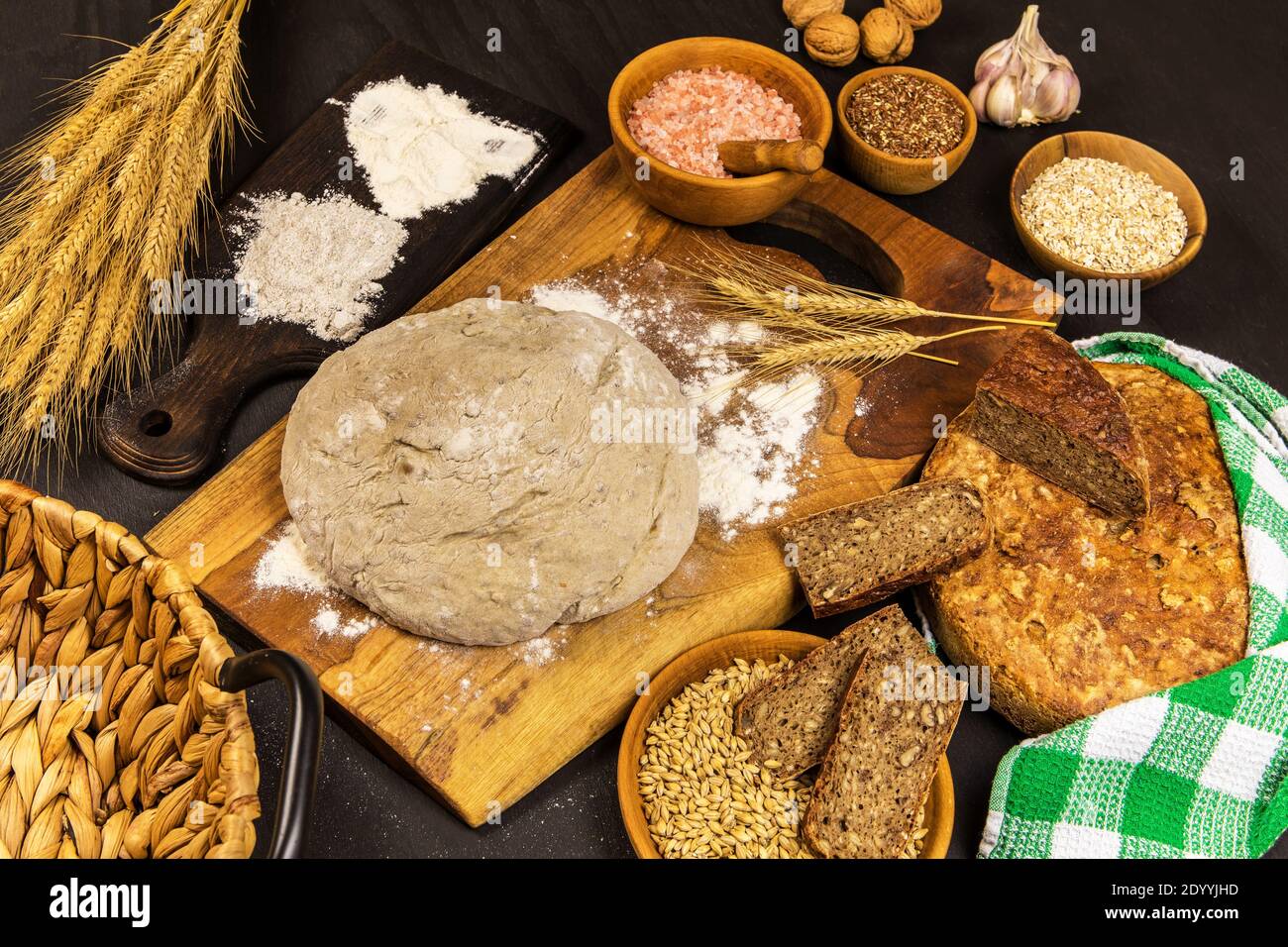 Homemade wholemeal bread. Healthy pastry. Raw materials for bread 