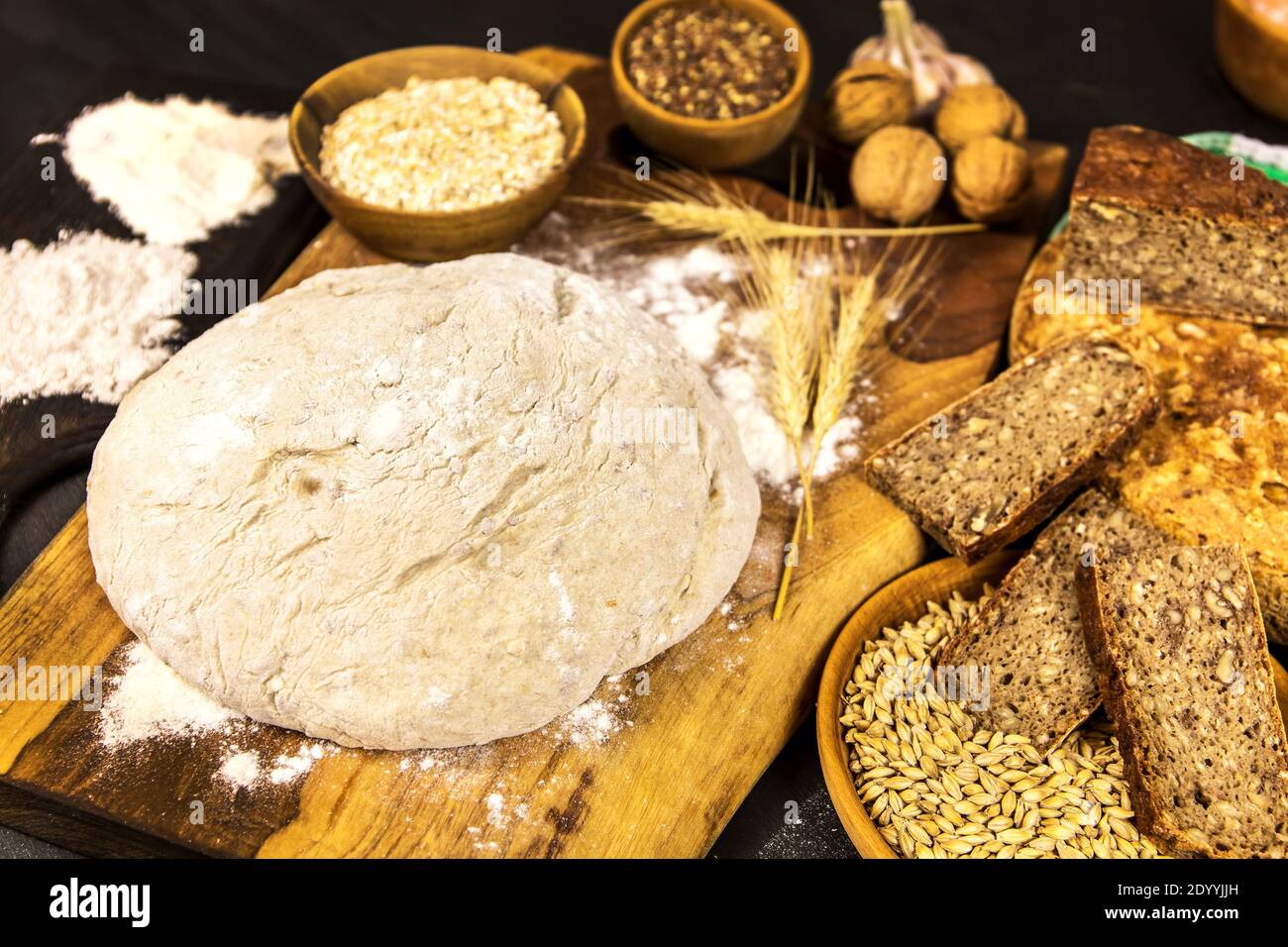 Homemade wholemeal bread. Healthy pastry. Raw materials for bread 
