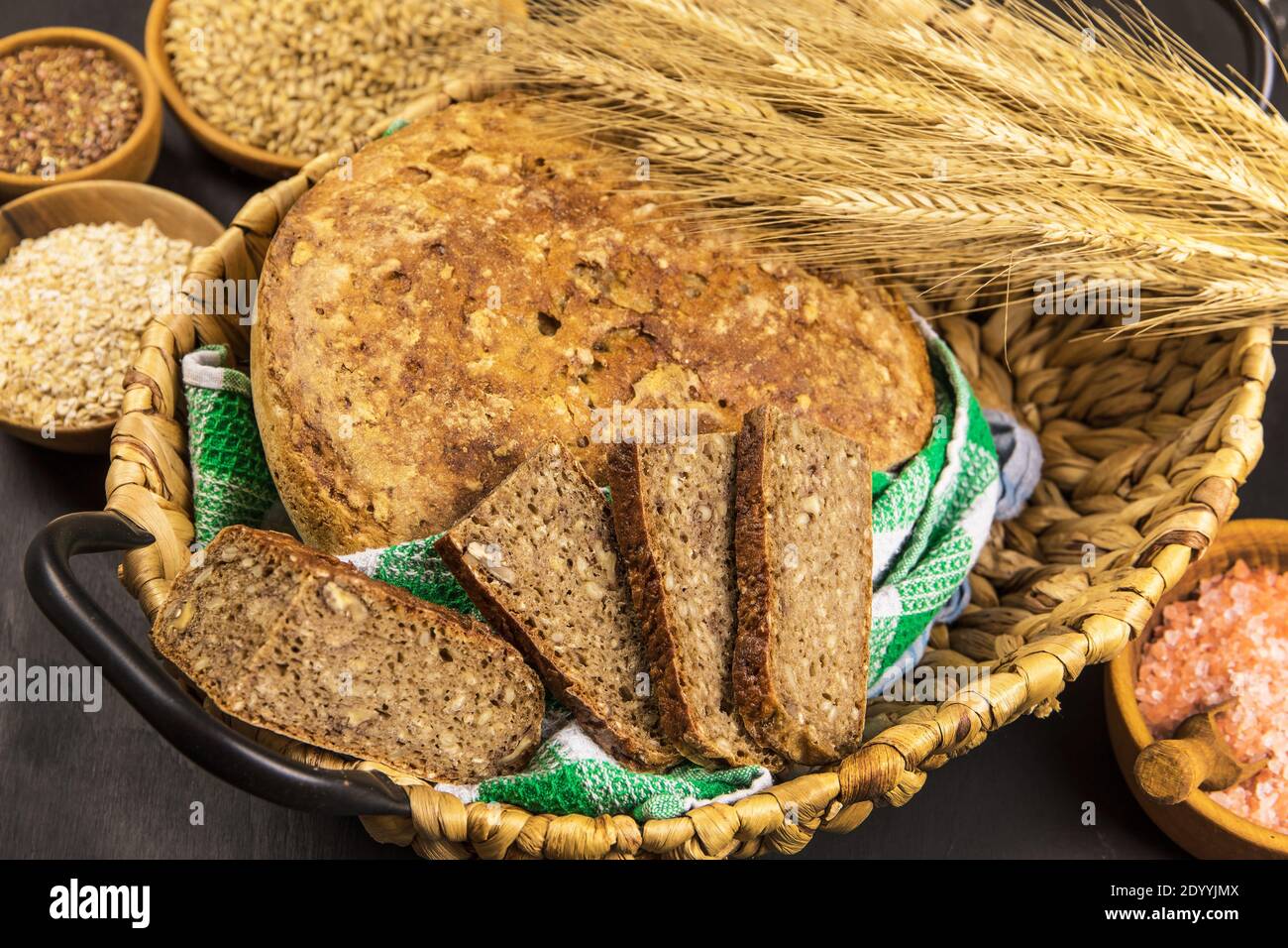 Homemade wholemeal bread. Healthy pastry. Raw materials for bread 
