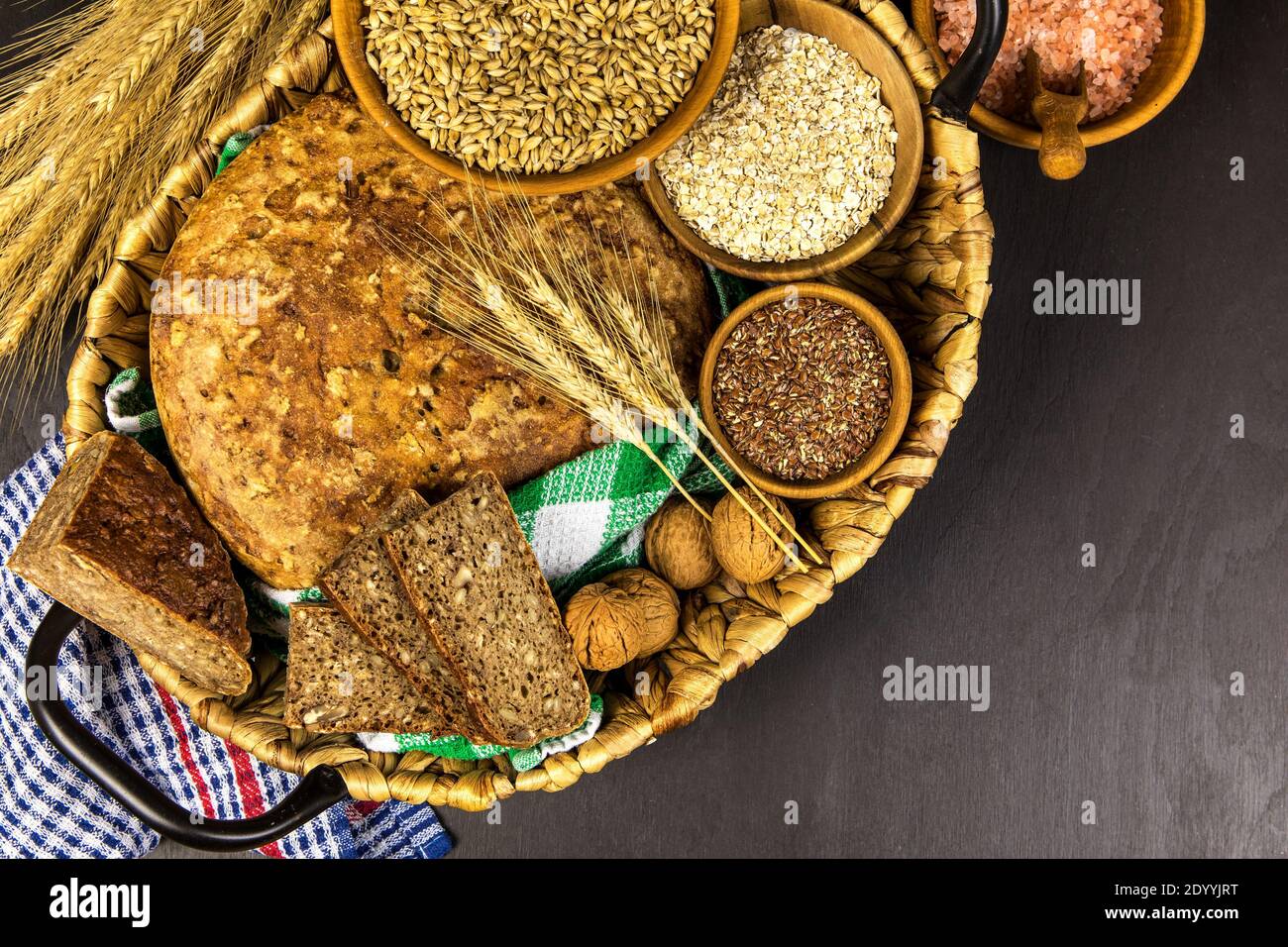 Homemade wholemeal bread. Healthy pastry. Raw materials for bread 