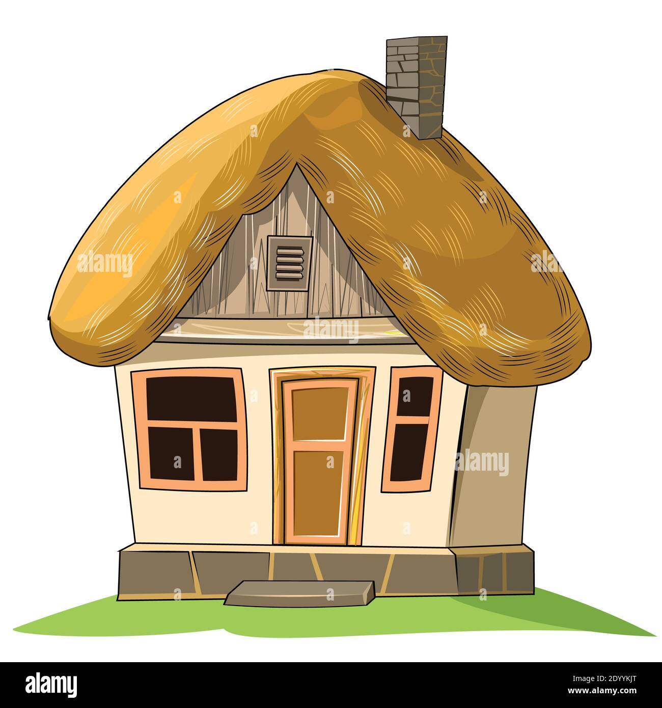 An old house with a thatched roof. Fabulous cartoon object. Cute childish style. An ancient dwelling. Tiny, small. Isolated on white. Stock Photo