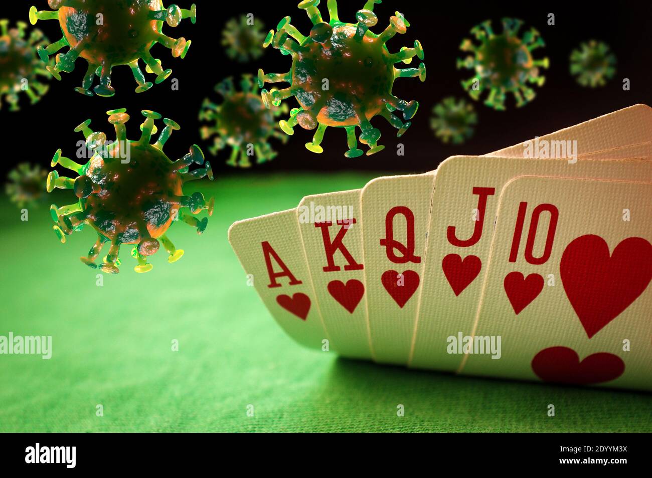 Poker winning hand royal flush with coronavirus cells as symbolic metaphor for a cure or vaccine for the virus Stock Photo