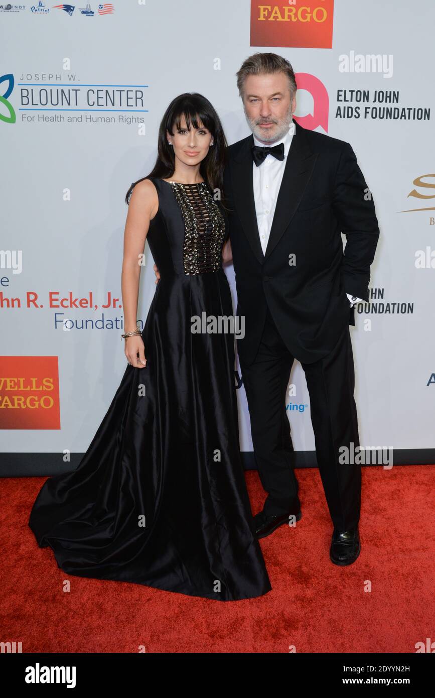 Hilaria Baldwin and Alec Baldwin arrive for the Elton John AIDS Foundations 14th Annual An Enduring Vision Benefit at the Cipriani Wall Street in New Stock Photo