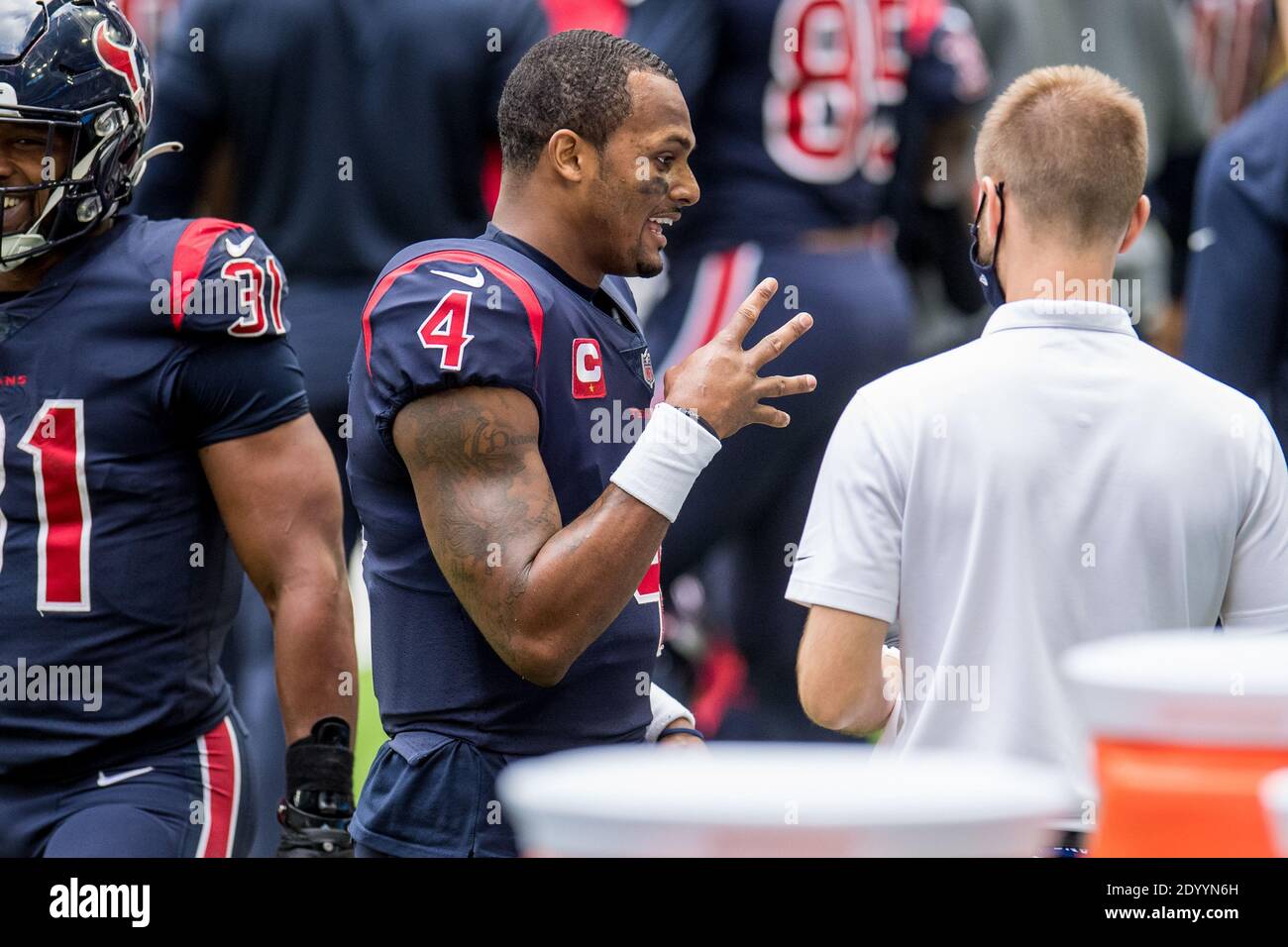 Houston, TX, USA. 27th Dec, 2020. Houston Texans quarterback Deshaun Watson  (4) dances on the sideline after a touchdown pass during the 4th quarter of  an NFL football game between the Cincinnati