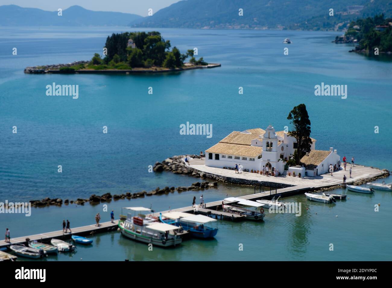 Iconic Vlacherna monastery surrounded by water - birdseye view - Corfu ...