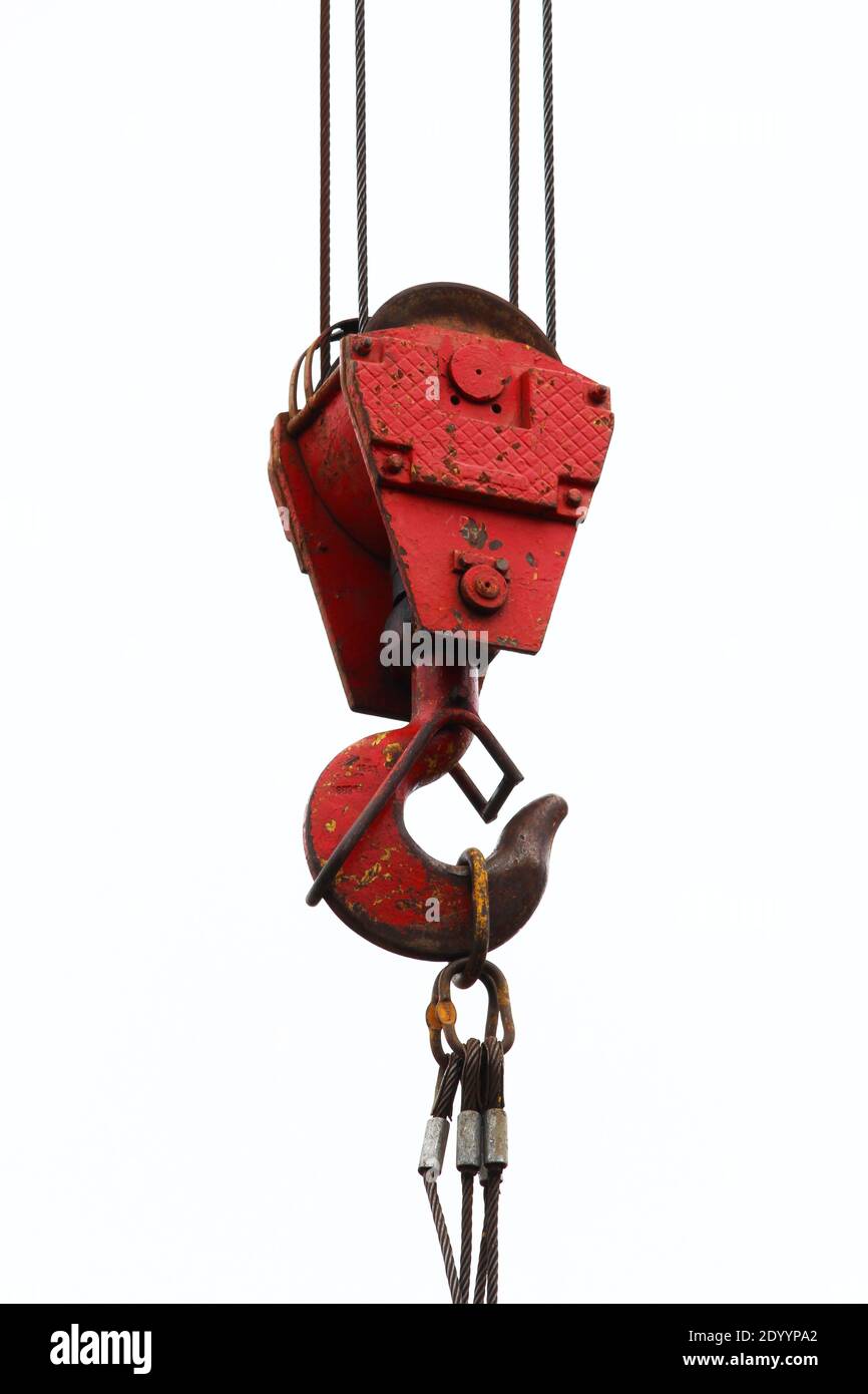 red hook from a crane on a white background. vertical photo. reportage shooting, workflow Stock