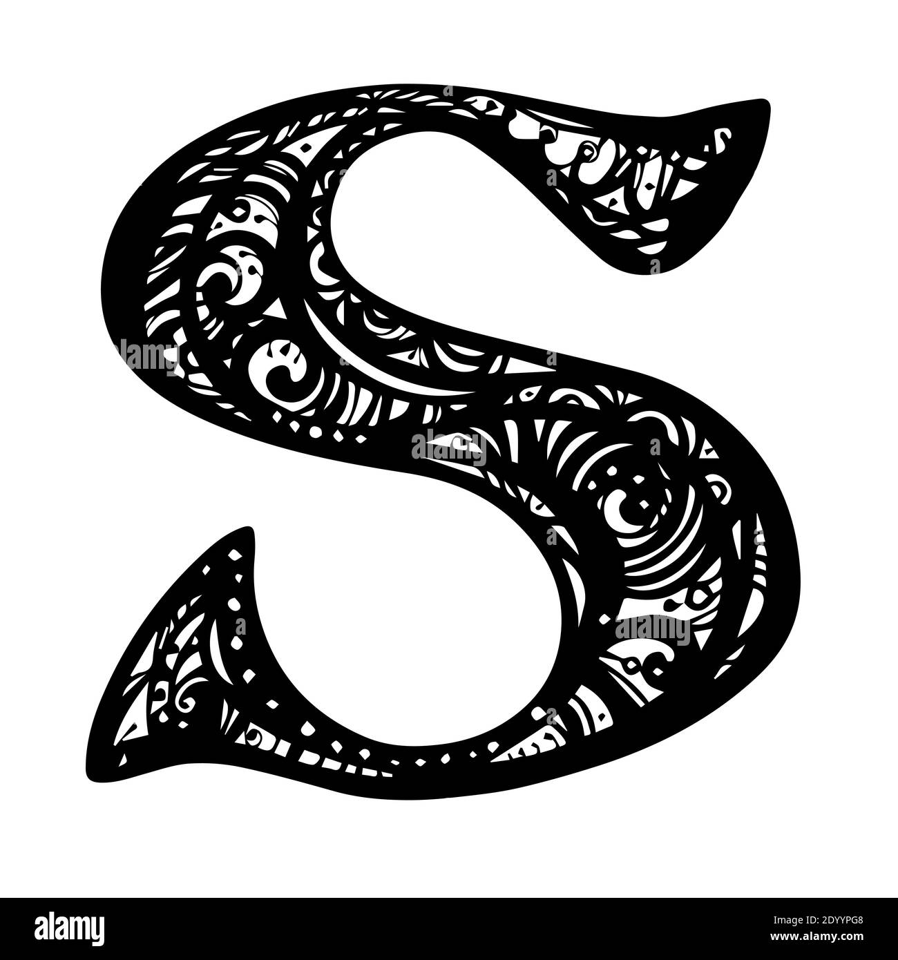 Letter S with floral branch. Vector with Black Color. tattoo template or Calligraphy Typography Stock Vector