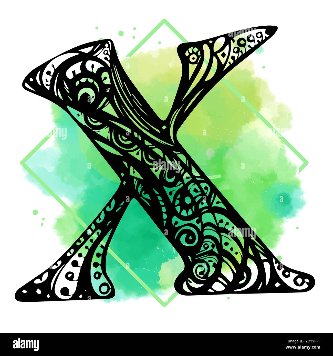 X letter logo with negative space at green watercolor splash background ...