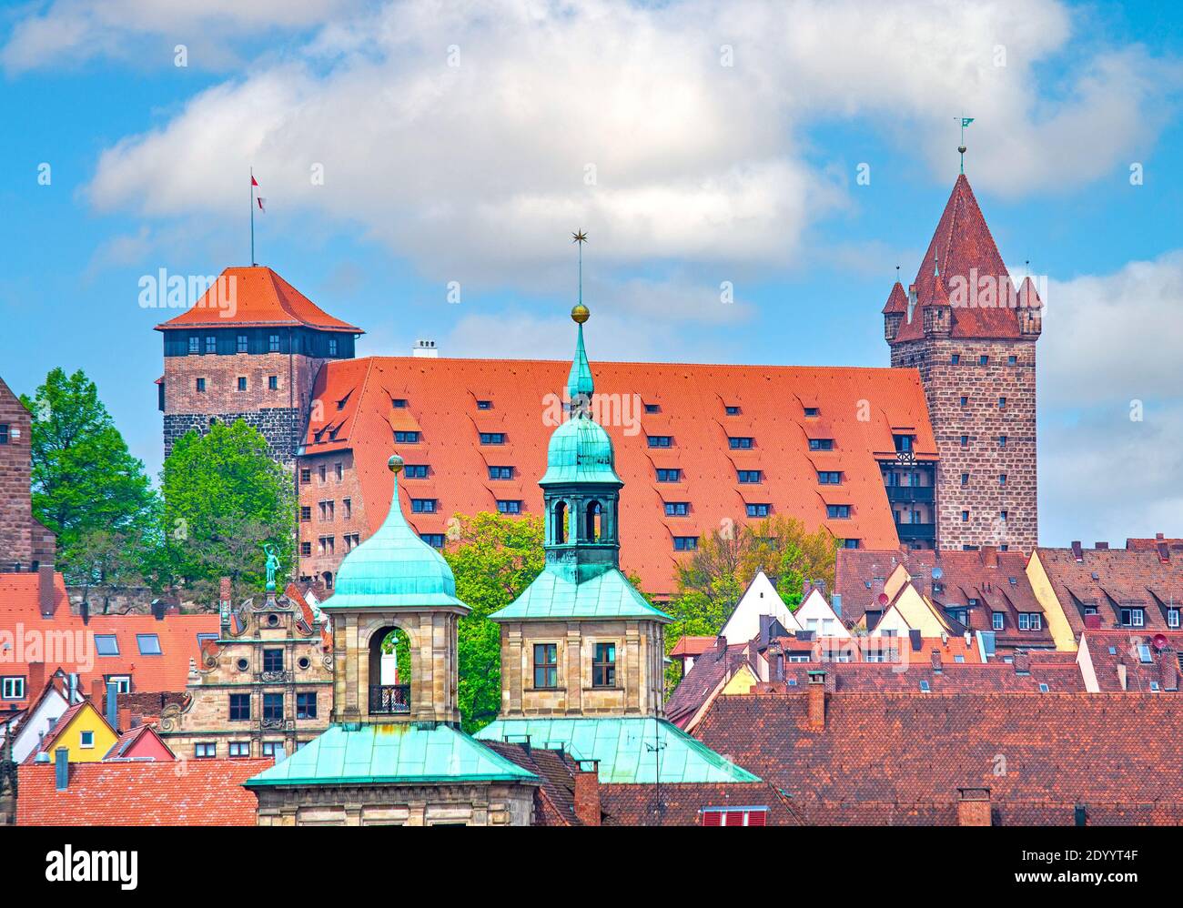 Nuremberg old town cityscape, Bavaria, Germany, Pentagonal tower, the Imperial Stables, Luginsland tower Stock Photo