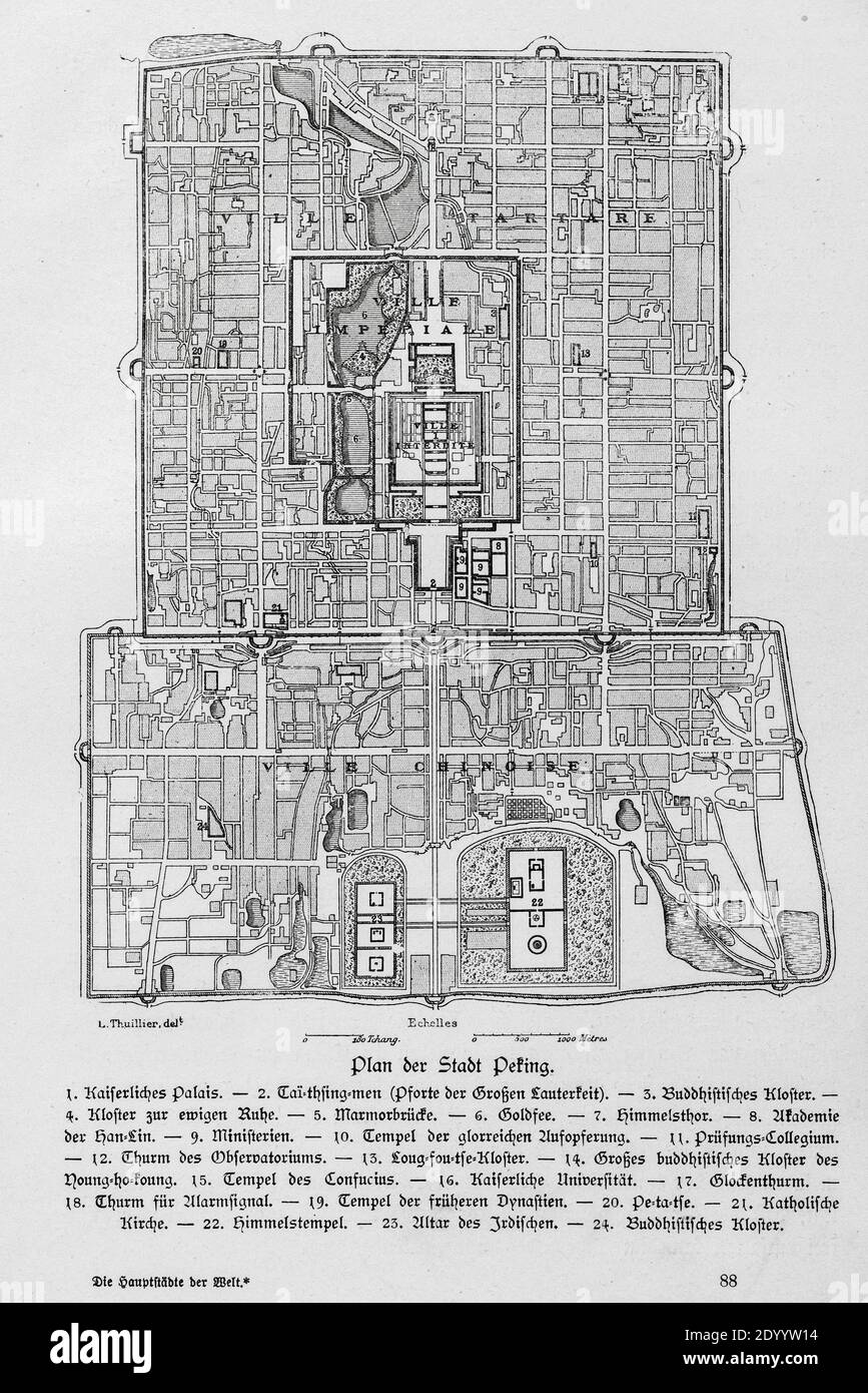 Map of the city of Peking with living quarters, forbidden town and imperial quarters, Ilustration from 'Die Haupstädte der Welt', Breslau about 1897 Stock Photo