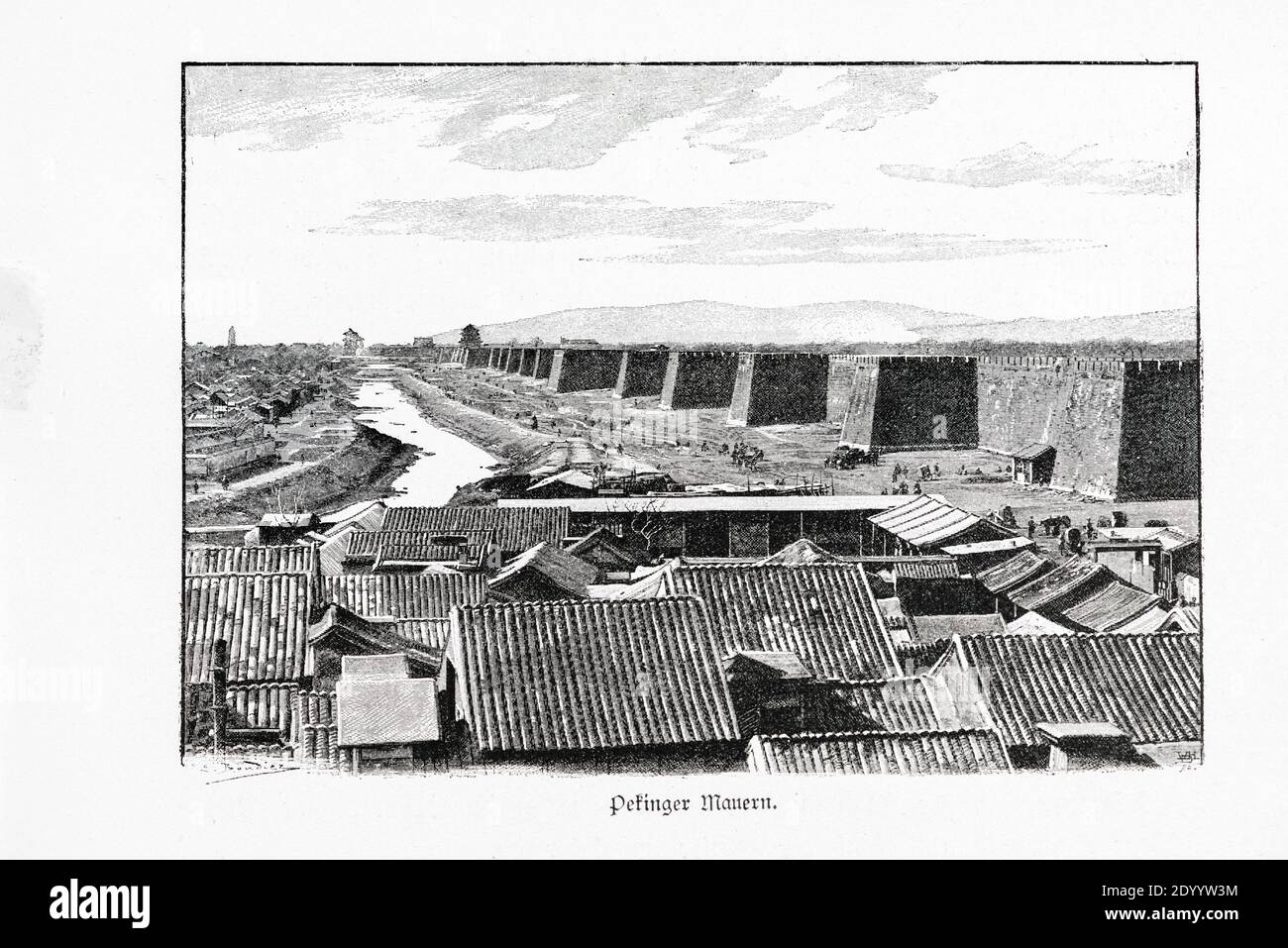 Title 'Pekinger Mauern' or 'Peking Walls' landscape with thick walls, a town and river, Ilustration from 'Die Haupstädte der Welt', Breslau about 1897 Stock Photo