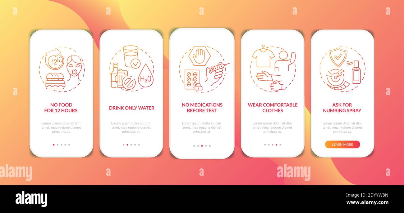 Blood test tips onboarding mobile app page screen with concepts Stock Vector
