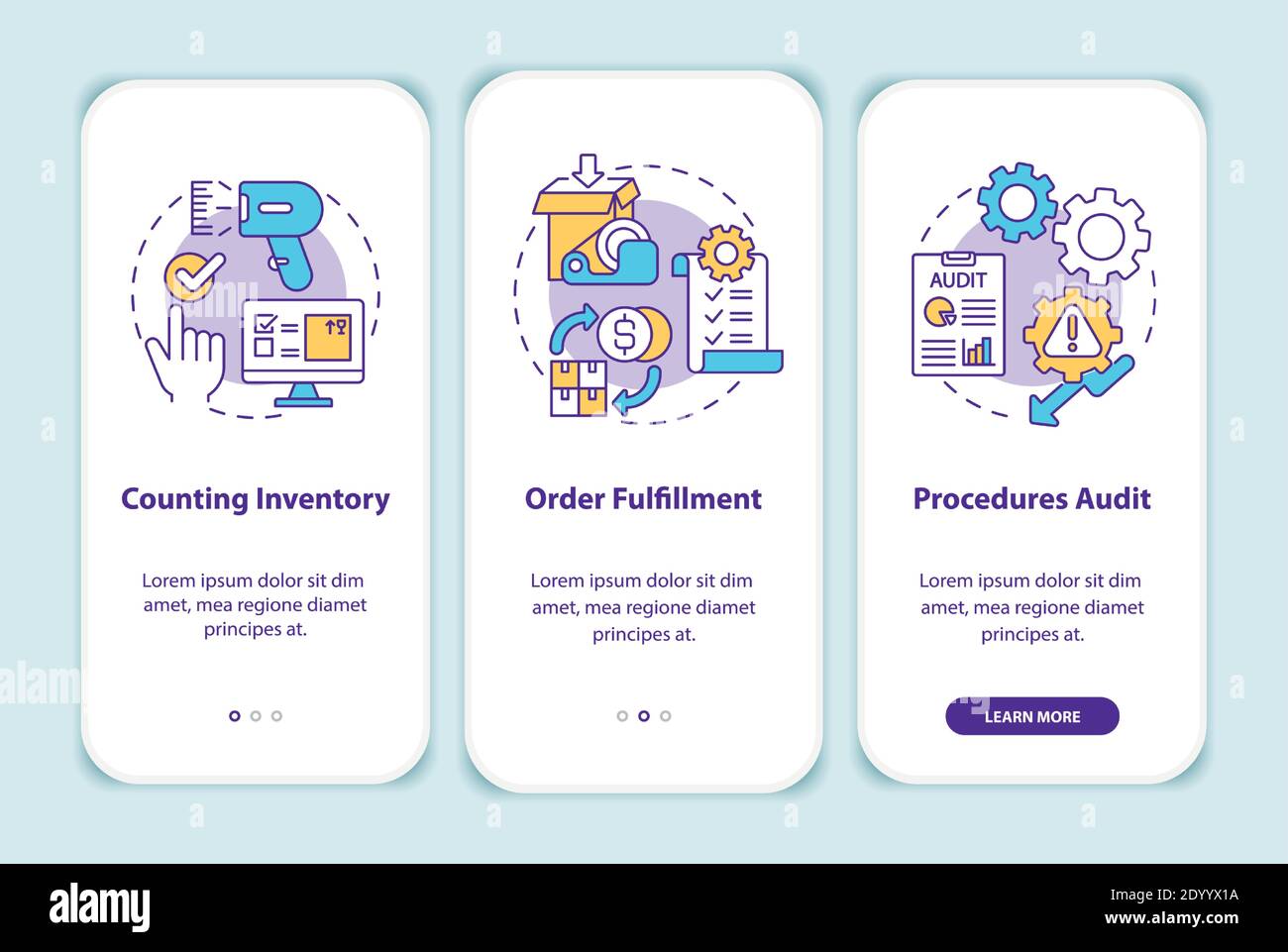 Warehouse procedures onboarding mobile app page screen with concepts Stock Vector