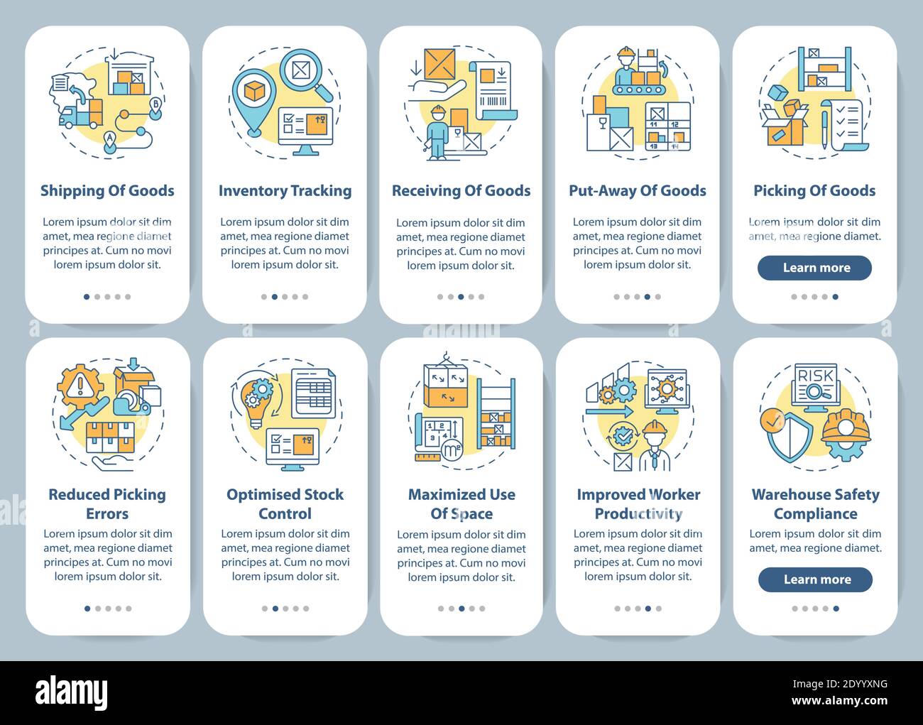 Warehouse management onboarding mobile app page screen with concepts ...