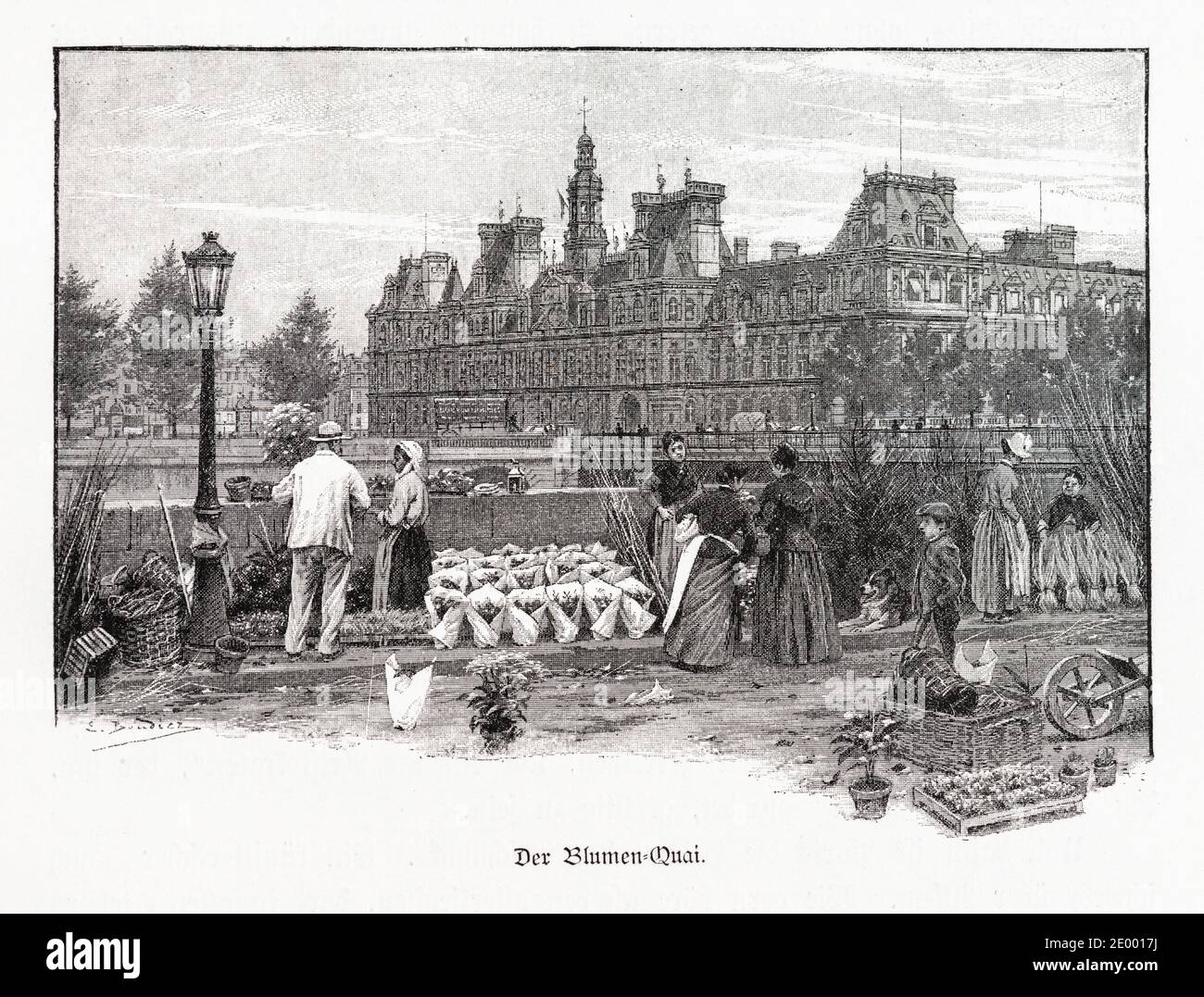 'Der Blumen-Quai' or 'Flower Quay'  people bying flowers from the seller women, Ilustration from 'Die Haupstädte der Welt', Breslau about 1897 Stock Photo