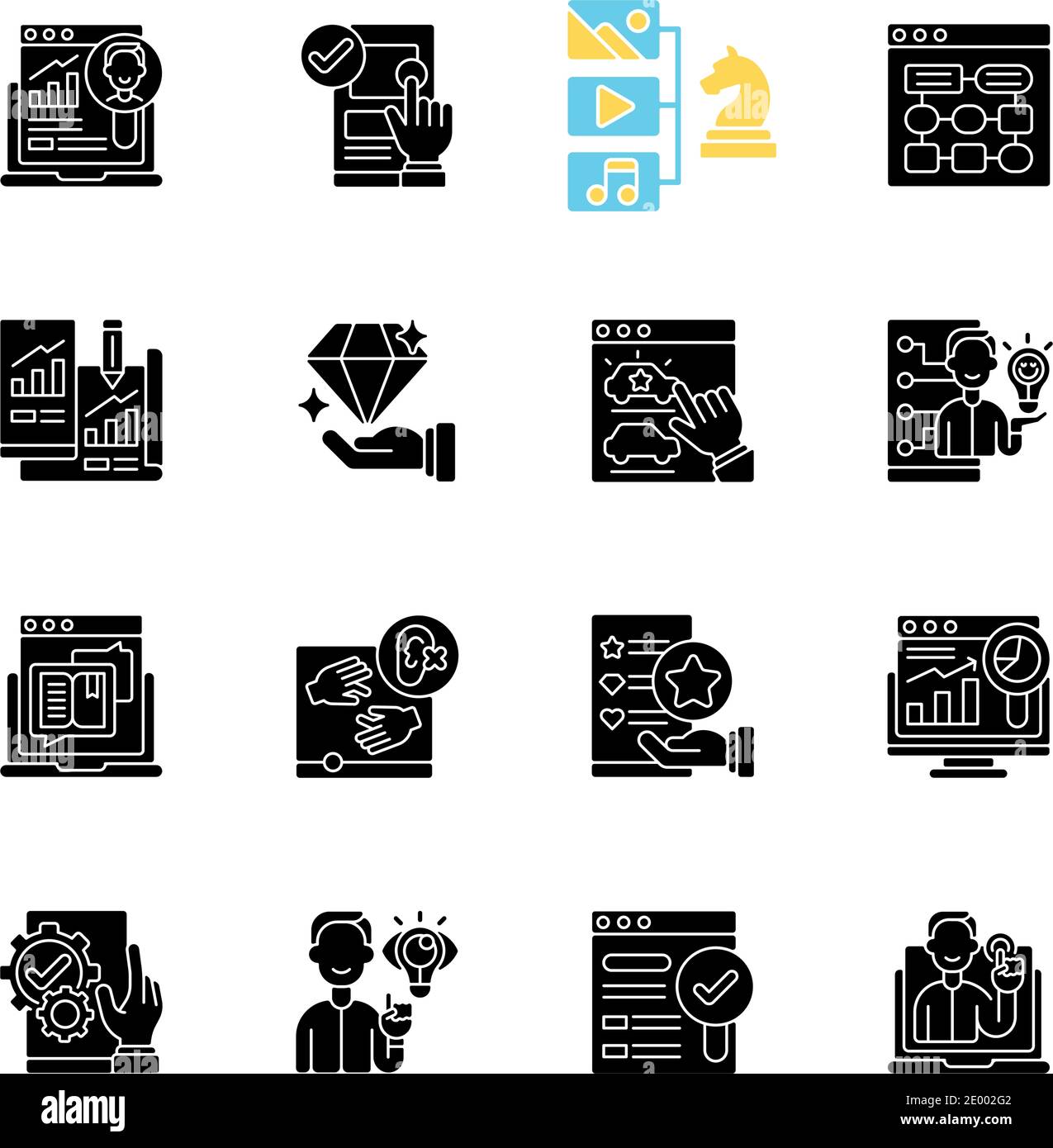User experience black glyph icons set on white space Stock Vector