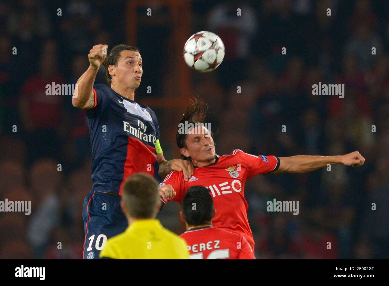 PSG's Zlatan Ibrahimovic battling Benfica's Ljubomir Fejsa during the  Championss League, group C, soccer match, Paris Saint-Germain Vs Benfica  Lisbonne at Parc des Princes stadium in Paris, France, on October 2, 2013.