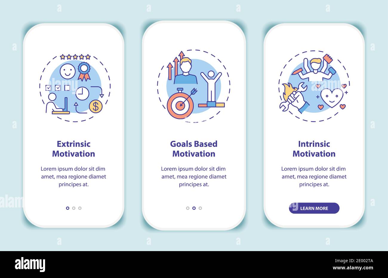 Motivation types onboarding mobile app page screen with concepts Stock Vector