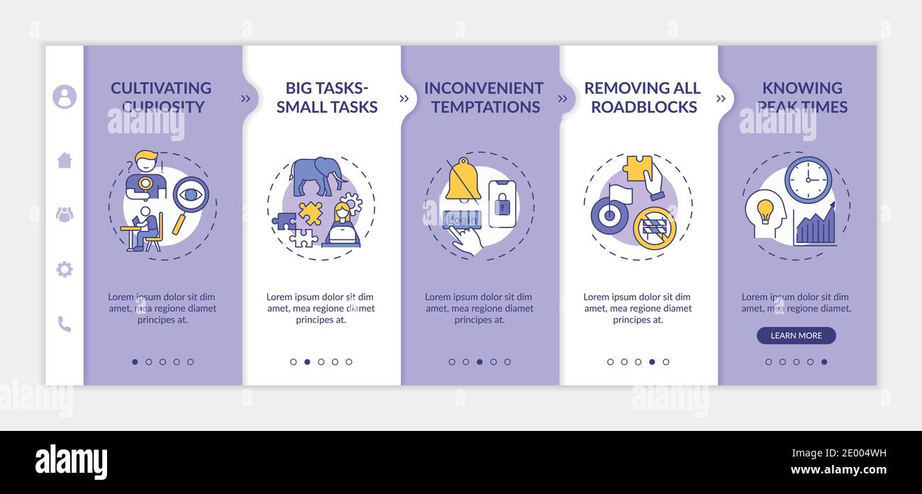 Overcoming delaying tasks habit tips onboarding vector template Stock Vector