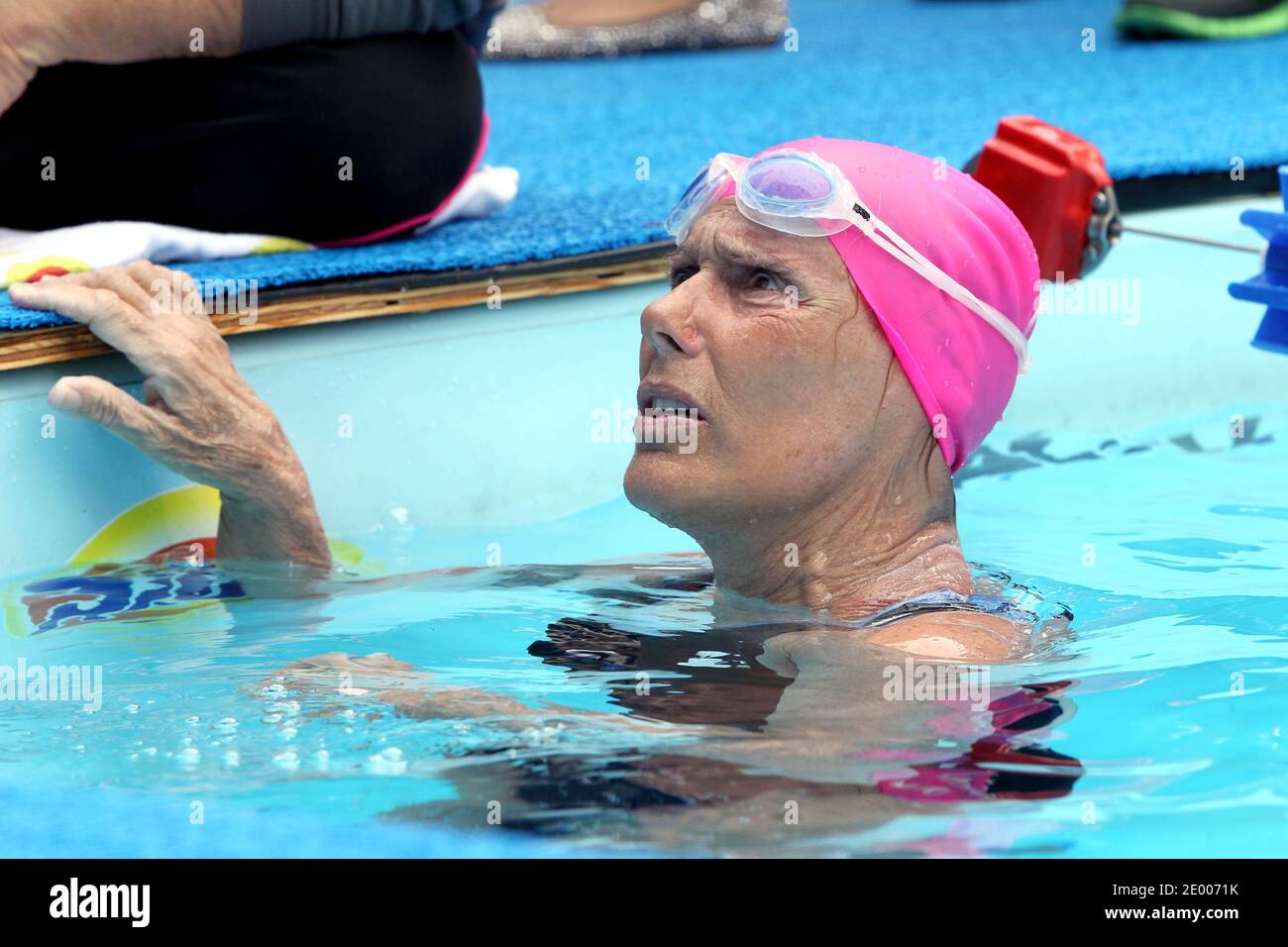 U.S world record long-distance swimmer Diana Nyad is swimming to attempt  48-hour swim in a pool to raise money for victims of superstorm Sandy  outside Herald Square in New York City, NY,