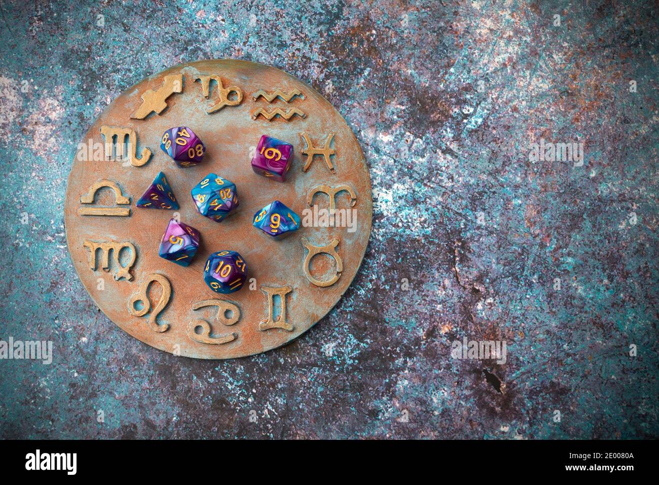 Horoscope circle with divination dice. Fortune telling and astrology predictions. Stock Photo