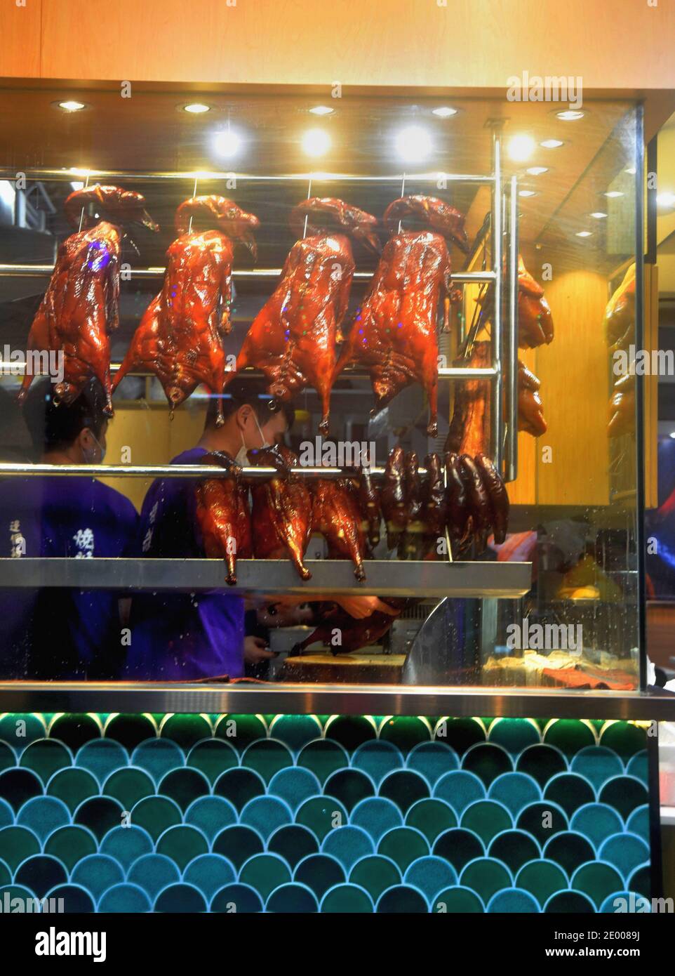 Cantonese style roasted goose counter in food shop, Hong Kong Stock Photo