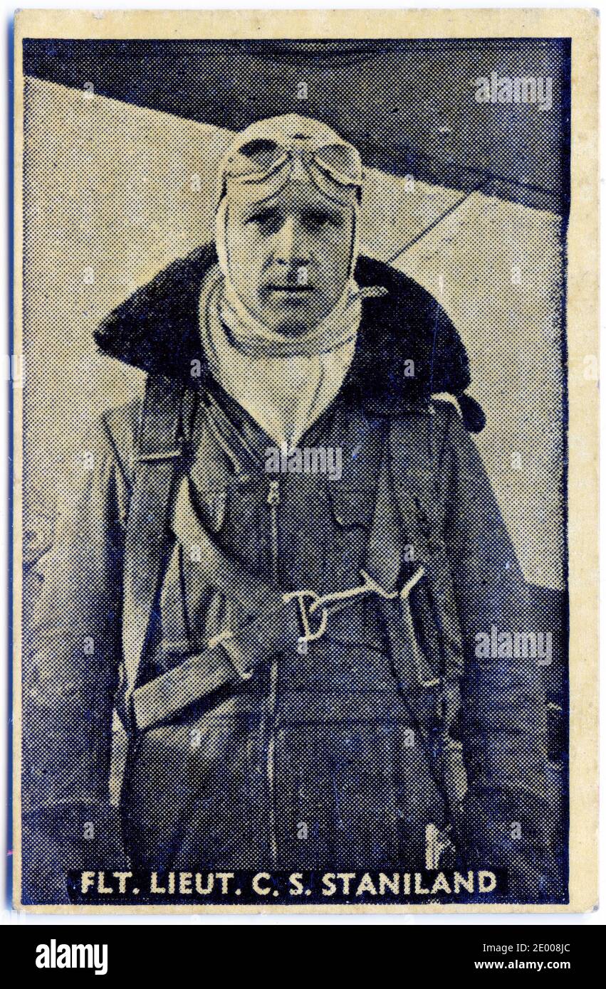 Cigarette card portrait of Flight Lieutenant Christopher Stainbank Staniland (1905 – 1942) Royal Air Force pilot, racing driver, and chief test pilot for the Fairey Aviation Company. Stock Photo