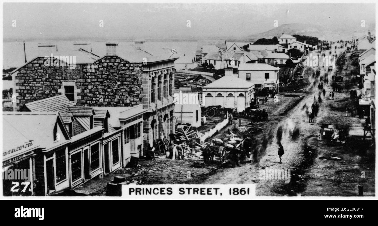 illustration of Princes St, Dunedin, New Zealand, 1861, during the heady days of the Otago goldrushes; from a cigarette card printed in the 1930s Stock Photo