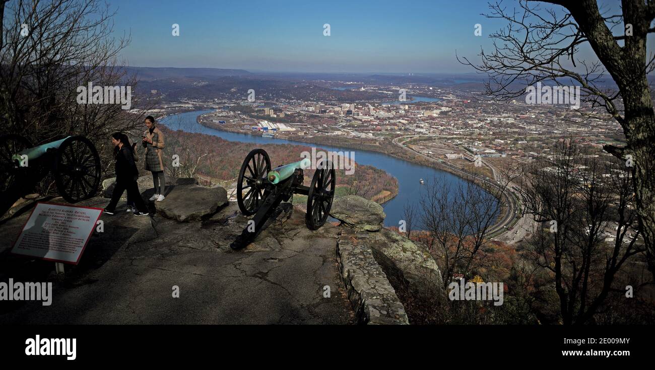 View of historical marker in foreground, Confederate Battery on crest of Lookout Mountain looking down on Tennessee River Valley, Chattanooga. Stock Photo