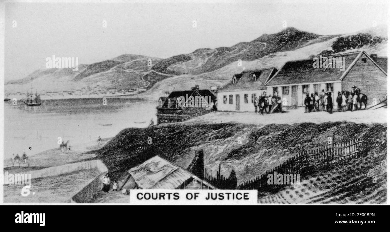 illustration of of the early Courts of Justice, New Zealand, ; from a cigarette card printed in the 1930s Stock Photo