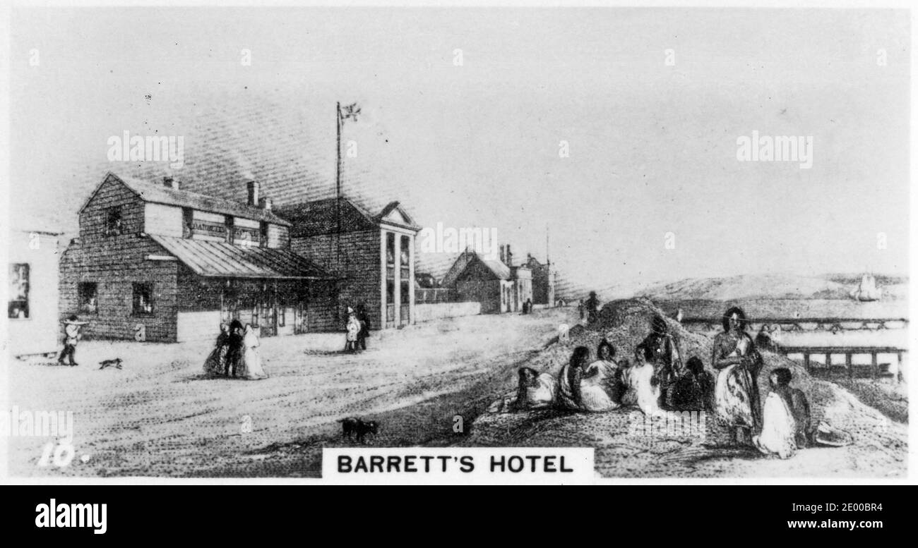 Barrett's Hotel, Wellington, in the pioneering days of New Zealand, from a cigarette card printed in the 1930s Stock Photo