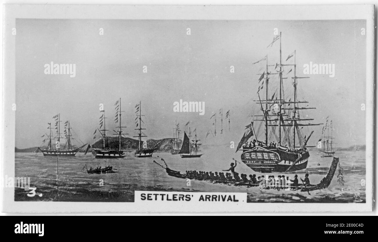 The arrival of European settlers in New Zealand, circa 1840; from a cigarette card printed in the 1930s Stock Photo