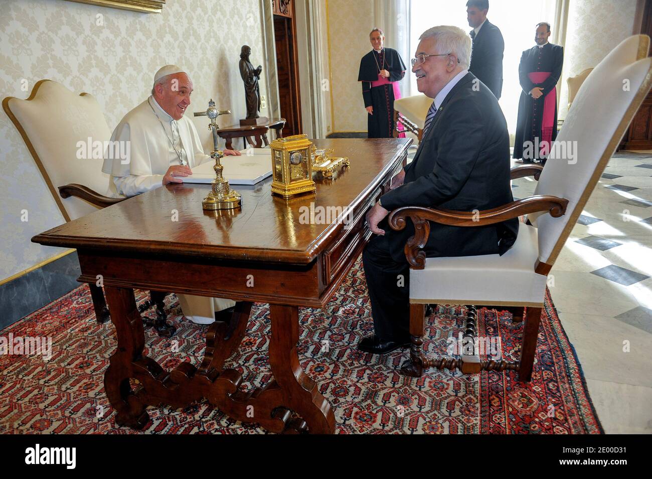 Pope Francis met Palestinian President Mahmud Abbas also known as Abu Mazen during a private audience at the Vatican on October 17, 2013. During the cordial discussions, reference was made to the situation in the Middle East and in particular to the reinstatement of negotiations between Israelis and Palestinians. Mahmud Abbas invited Pope Francis to visit the Holy Land. Photo by ABACAPRESS.COM Stock Photo