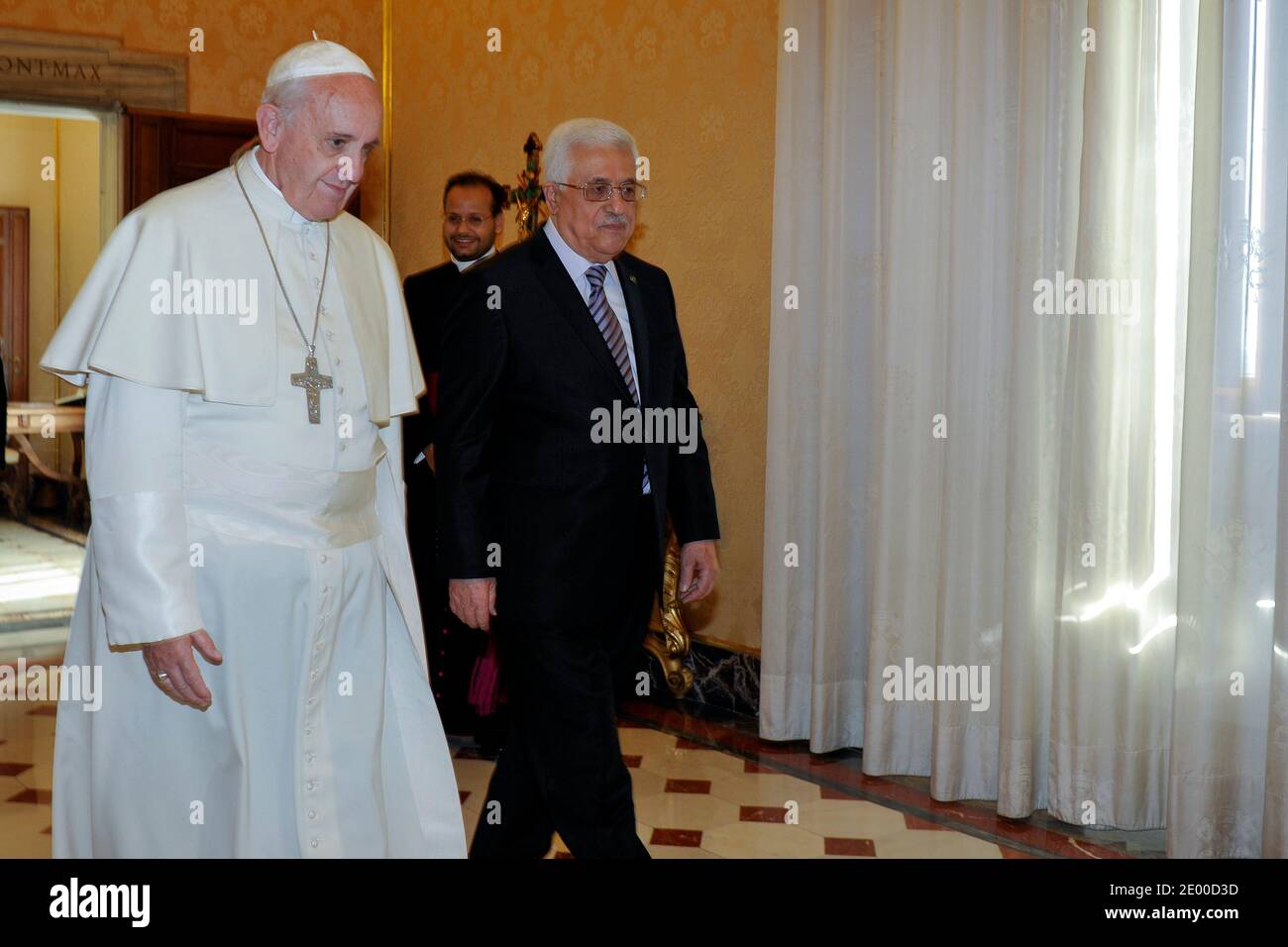 Pope Francis met Palestinian President Mahmud Abbas also known as Abu Mazen during a private audience at the Vatican on October 17, 2013. During the cordial discussions, reference was made to the situation in the Middle East and in particular to the reinstatement of negotiations between Israelis and Palestinians. Mahmud Abbas invited Pope Francis to visit the Holy Land. Photo by ABACAPRESS.COM Stock Photo