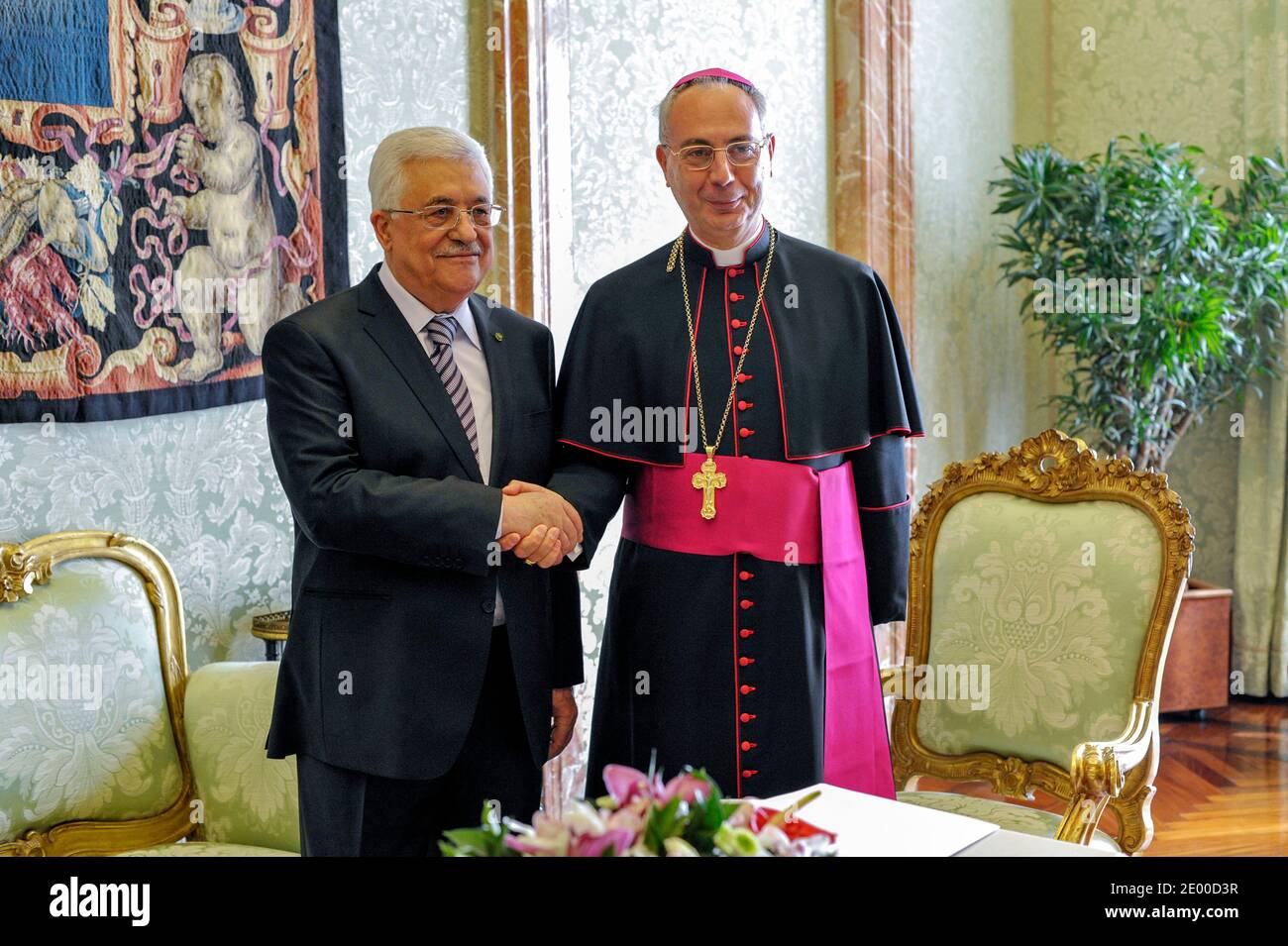 French Archbishop Dominique Mamberti (r) Vatican's secretary for Relations with States met Palestinian President Mahmud Abbas also known as Abu Mazen at the Vatican on October 17, 2013. Photo by ABACAPRESS.COM Stock Photo