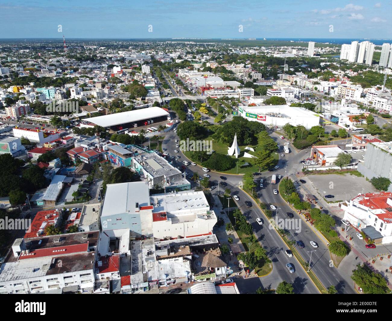 Cancun town square and Mexican History Monument aerial view on Avenida