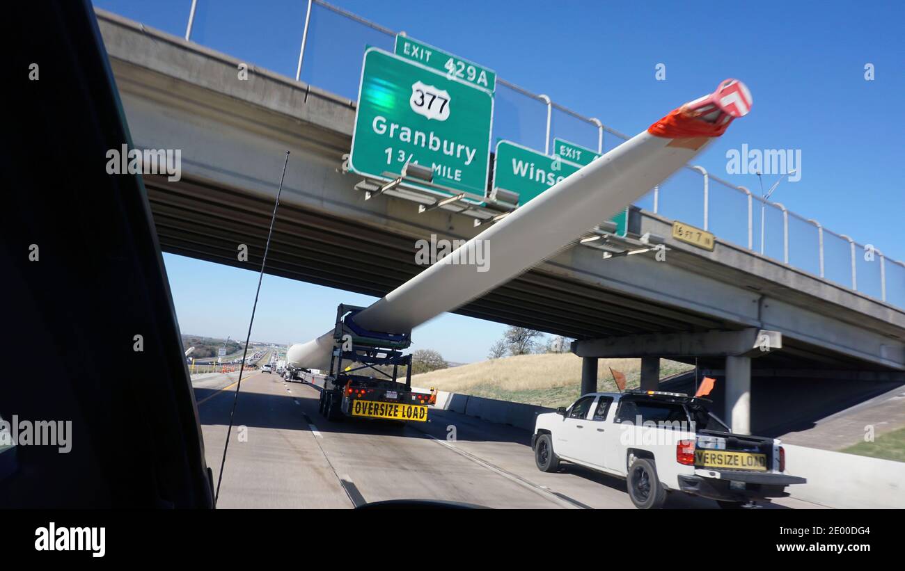 Fort Worth,Texas - Dec. 2020 -  120 foot Wind Turbine Blade on its way to West Texas on a 18 wheeler transport. Texas is now the leader in America for Stock Photo